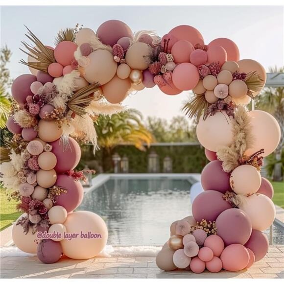 Dusty Rose Pink Balloon Arch Double Stuffed Pink Blush Nude Gold Balloon Garland - Picture 2 of 8